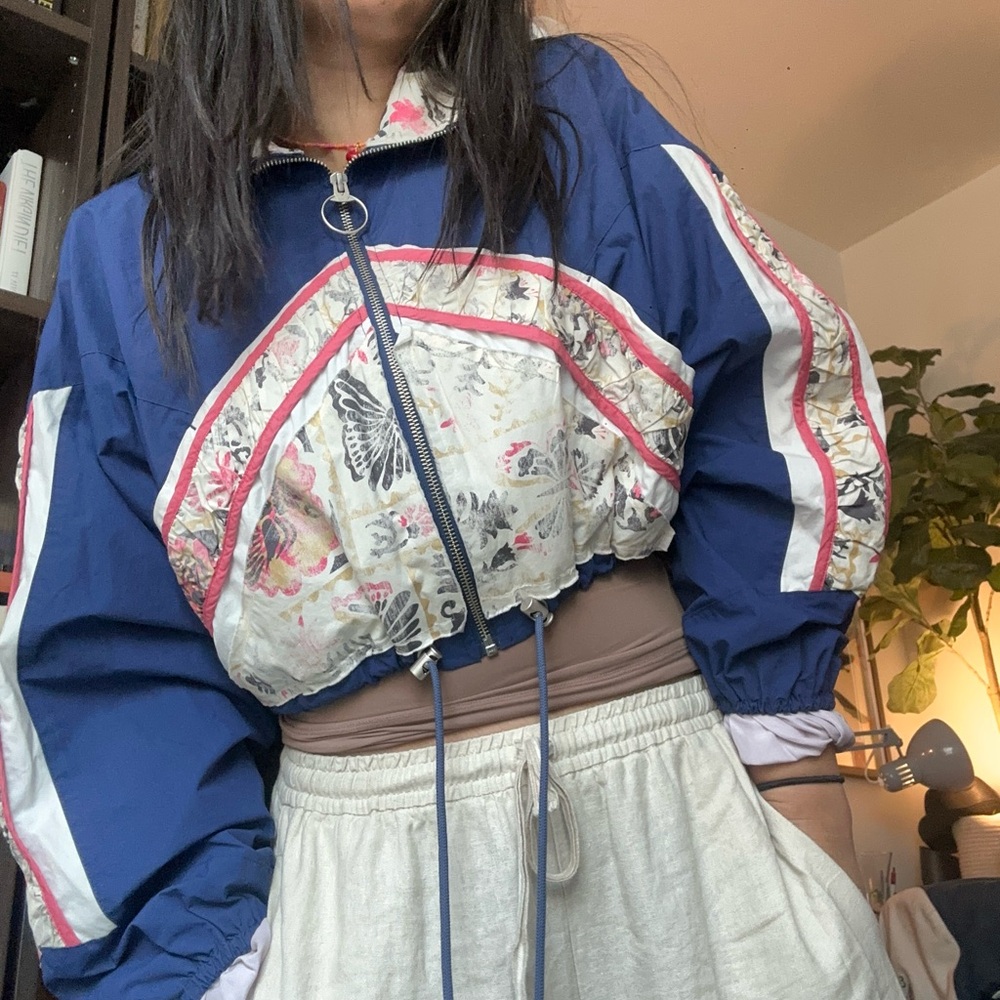 Free People Paulina Track Jacket Blue Floral Gym Jacket Boho chic